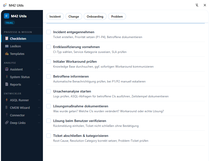 M42 Utils Checklisten — geführte Prozessschritte für Matrix42 Incident, Change und Onboarding