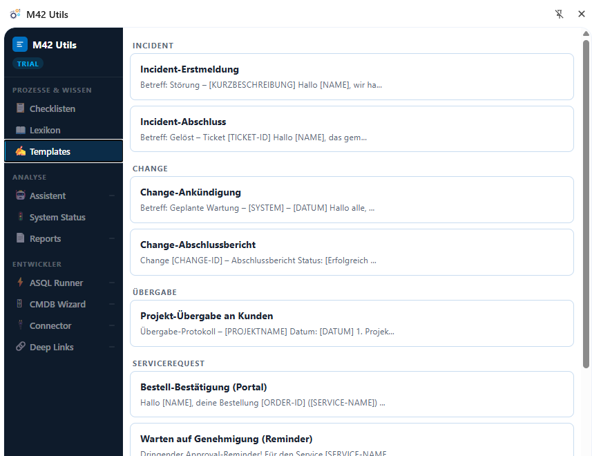 M42 Utils Templates — vorgefertigte Ticket- und Change-Templates für Matrix42 Consultants